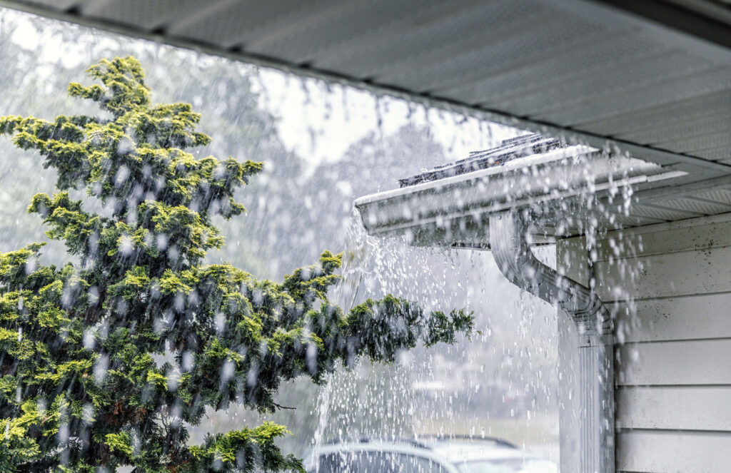 Drenching Rain Storm Water Pouring Over Roof Gutter