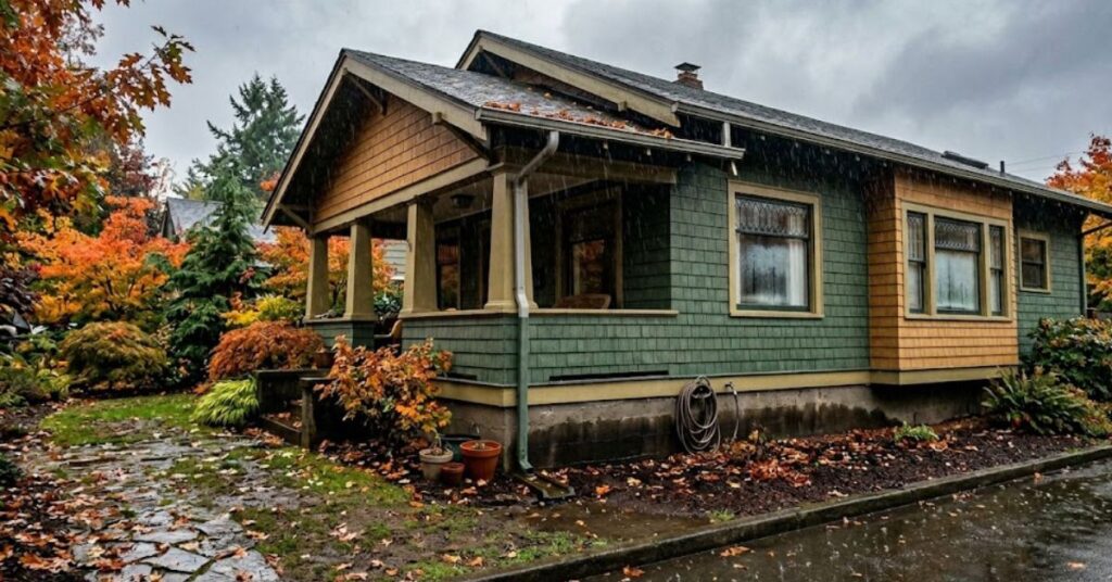Portland Oregon home in rain showing foundation area and gutters for basement flooding prevention