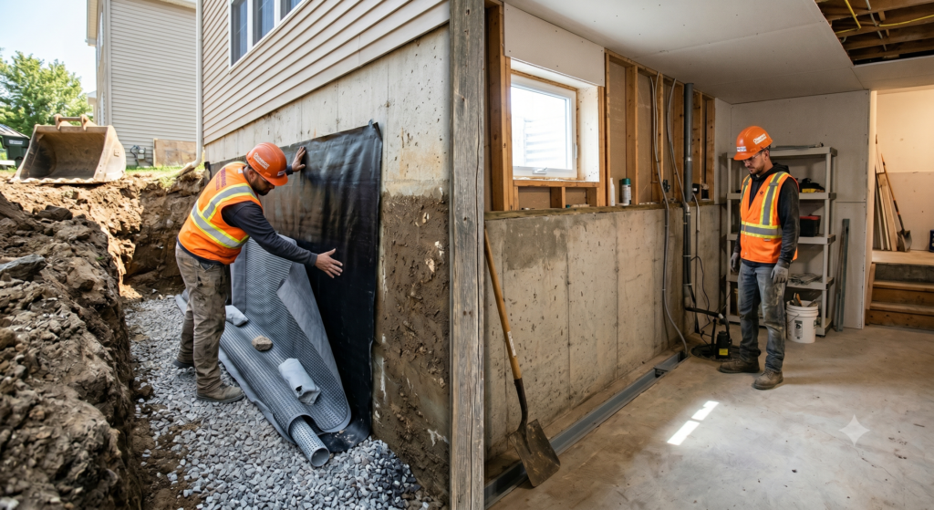 interior basement drainage system compared to exterior waterproofing excavation for Portland Oregon home
