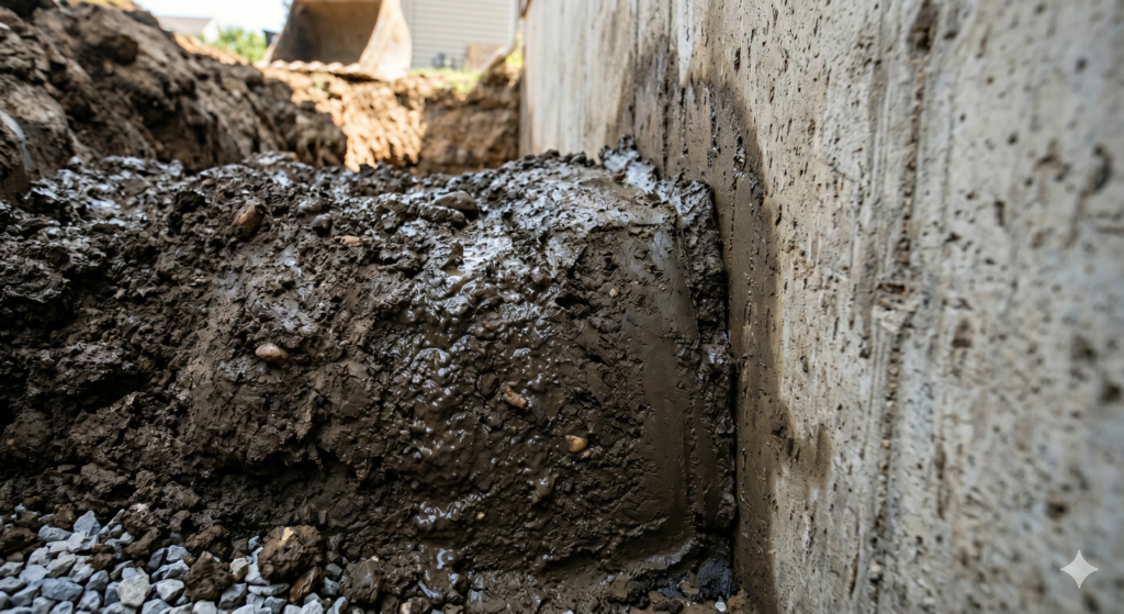 wet clay soil pressing against basement foundation wall causing water problems in Portland Oregon