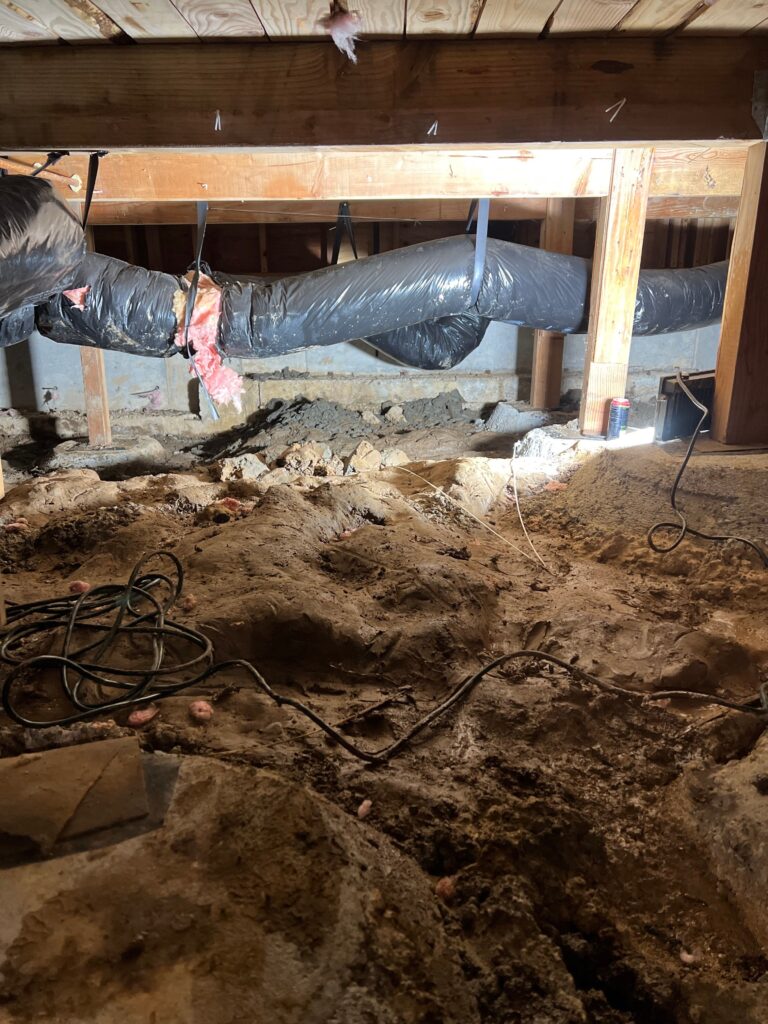 damp crawl space with moisture damage and no vapor barrier in Oregon home