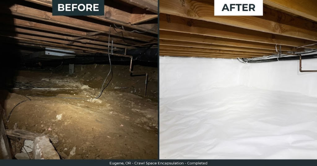 completed crawl space encapsulation with white vapor barrier in Eugene Oregon home by Better Basement and Waterproofing