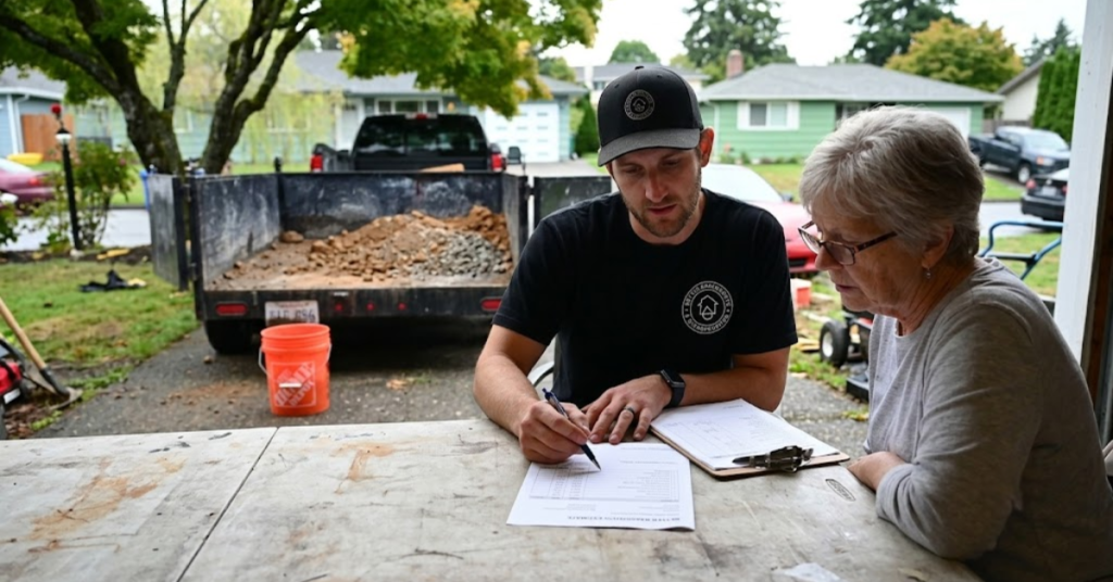 Better Basement and Waterproofing contractor reviewing crawl space encapsulation estimate with Portland Oregon homeowner