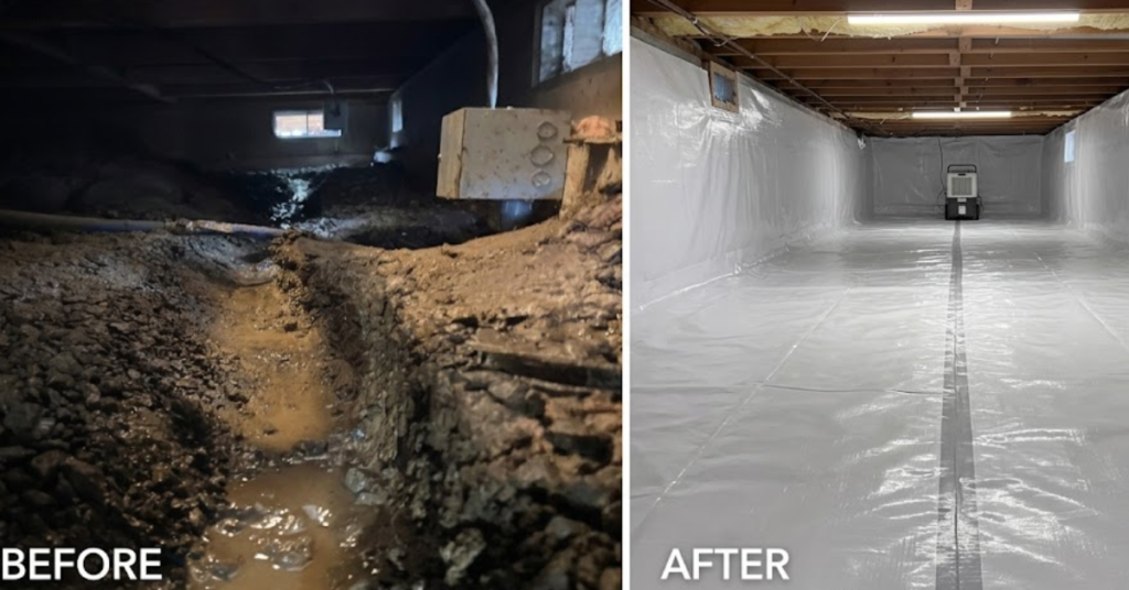 crawl space encapsulation with white vapor barrier installed in Vancouver Washington home by Better Basement and Waterproofing