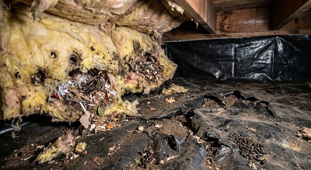 rodent nesting and damage in crawl space insulation in Portland Oregon home needing cleanup and waterproofing