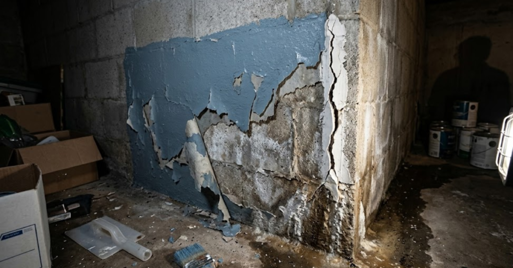 failed DIY waterproofing paint peeling from Portland Oregon basement wall showing water damage underneath
