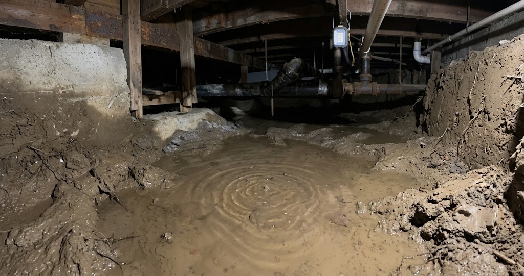 standing water under house in Portland Oregon crawl space showing drainage problem needing professional waterproofing