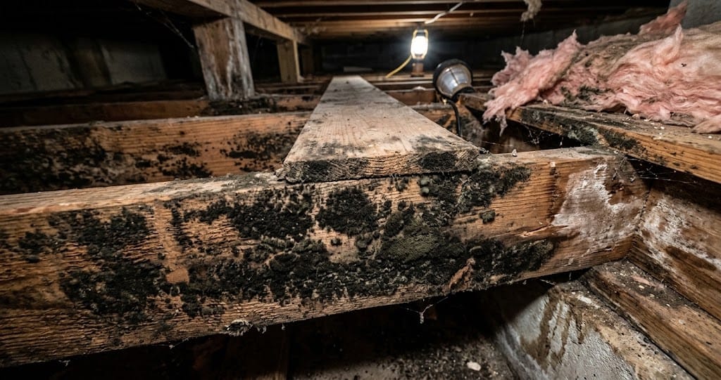 black mold in crawl space symptoms on crawl space floor joists in Portland Oregon home showing dangerous symptoms requiring professional remediation