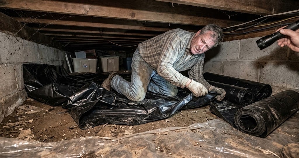can I encapsulate my crawl space myself attempting DIY crawl space encapsulation in Portland Oregon showing improper installation compared to professional vapor barrier