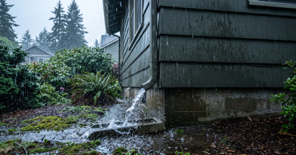 El Niño winter rain on an Oregon home foundation during the rainy season