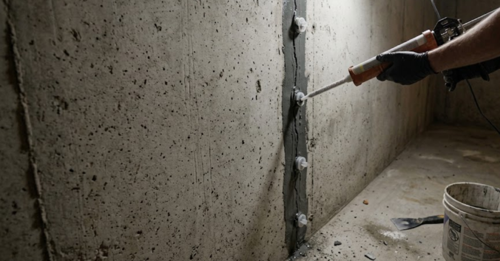 epoxy vs polyurethane crack injection ports on a leaking foundation wall crack in a Portland basement