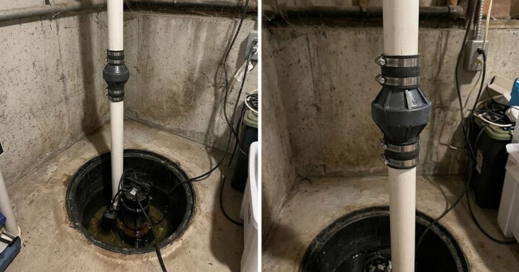 sump pump check valve on the discharge line of a basement sump pump in Portland Oregon